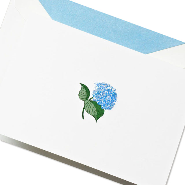 Crane/Box Card/Hand Engraved Blue Hydranges Notes on Pearl White Kid Finish paper