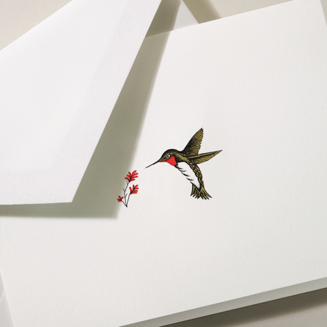 Crane/Box Card/Folded Pearl White/Humming Bird Red (10 Cards / 10 Red Lined Envelopes)