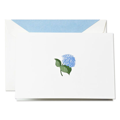Crane/Box Card/Hand Engraved Blue Hydranges Notes on Pearl White Kid Finish paper