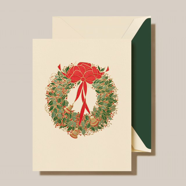 Crane/Box Card/Engraved Holly Wreath with Bells Holiday Greeting Cards