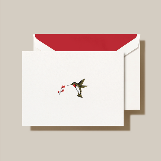 Crane/Box Card/Folded Pearl White/Humming Bird Red (10 Cards / 10 Red Lined Envelopes)