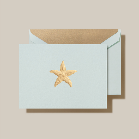 Crane/Box Card/Hand Engraved Starfish Notes on Beach Glass Kid Finish Paper (10 Cards / 10 Lined Envelopes)