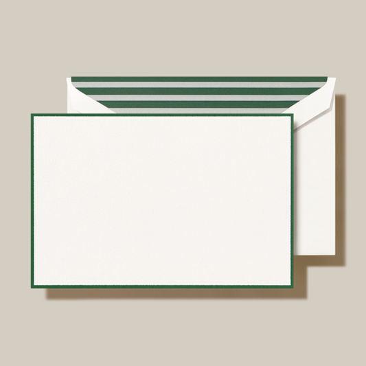 Crane/Box Cards/Hunter Green Bordered Cards on Pearl White Kid Finish Paper (10 Flat Cards / 10 Lined Envelopes)